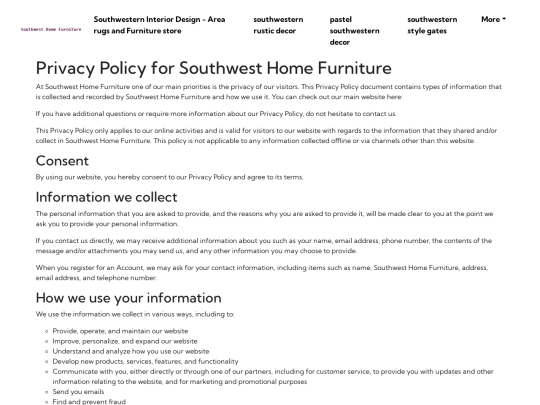 southwestern-interior-design-area-rugs-and-furniture-store/privacy-policy screenshot