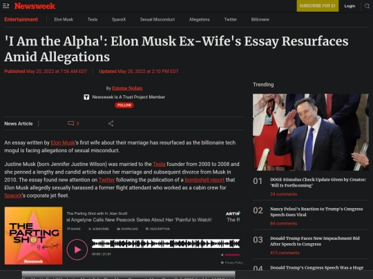 Fascism/EM/'I Am the Alpha'： Elon Musk Ex-Wife's Essay Resurfaces Amid Allegations - Newsweek (3_5_2025 5：16：52 PM) screenshot