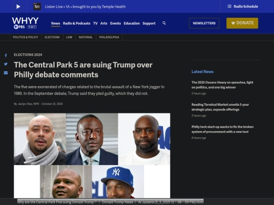 Fascism/Racism/Central Park 5 are suing Trump over Philly debate comments - WHYY (3_3_2025 12：09：16 PM) screenshot