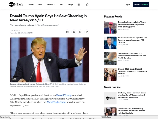 Fascism/Racism/Donald Trump Again Says He Saw Cheering in New Jersey on 9_11 - ABC News (3_3_2025 6：57：13 PM) screenshot