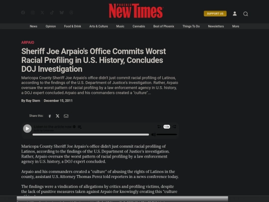 Fascism/Racism/Sheriff Joe Arpaio's Office Commits Worst Racial Profiling in U.S. History, Concludes DOJ Investigation ｜ Valley Fever ｜ Phoenix ｜ Phoenix New Times ｜ The Leading Independent News… screenshot
