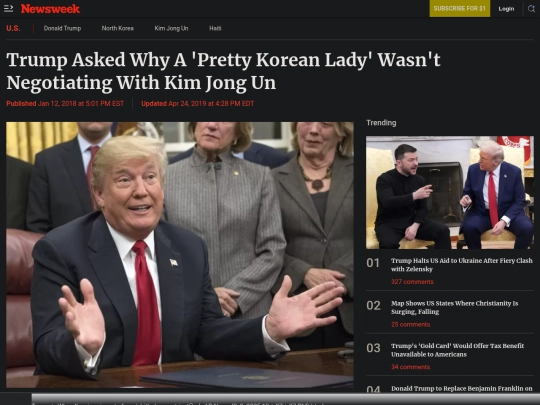 Fascism/Racism/Trump Asked Why A 'Pretty Korean Lady' Wasn't Negotiating With Kim Jong Un - Newsweek (3_3_2025 11：03：40 PM) screenshot