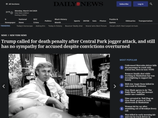Fascism/Racism/Trump called for death penalty after Central Park jogger attack, and still has no sympathy for accused despite convictions overturned – New York Daily News (3_3_2025 11：57：54 AM) screenshot