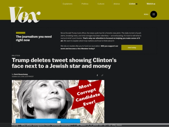 Fascism/Racism/Trump deletes tweet showing Clinton’s face next to a Jewish star and money ｜ Vox (3_3_2025 11：09：19 PM) screenshot