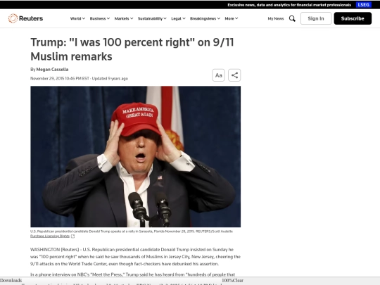 Fascism/Racism/Trump： ＂I was 100 percent right＂ on 9_11 Muslim remarks ｜ Reuters (3_3_2025 6：56：48 PM) screenshot