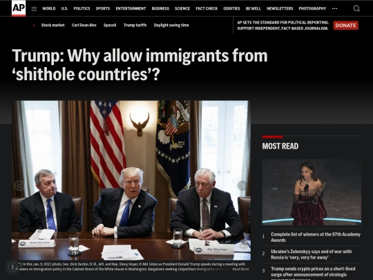 Fascism/Racism/Trump： Why allow immigrants from 'shithole countries'？ ｜ AP News (3_3_2025 10：37：07 PM) screenshot