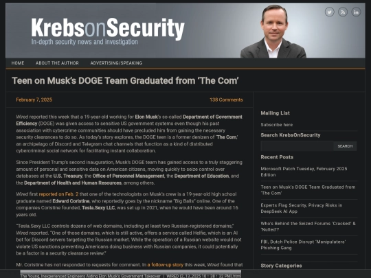 Websites/Coup/Teen on Musk’s DOGE Team Graduated from ‘The Com’ – Krebs on Security (2_13_2025 10：39：11 PM) screenshot