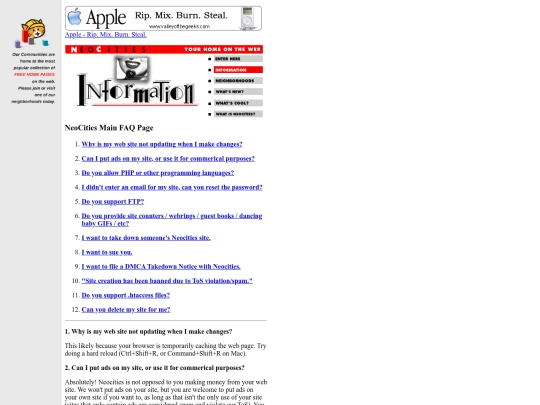 geocities/homestead/FAQ screenshot