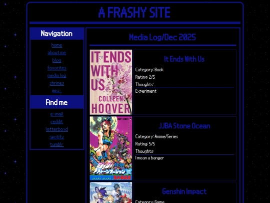 december 2025 media log screenshot