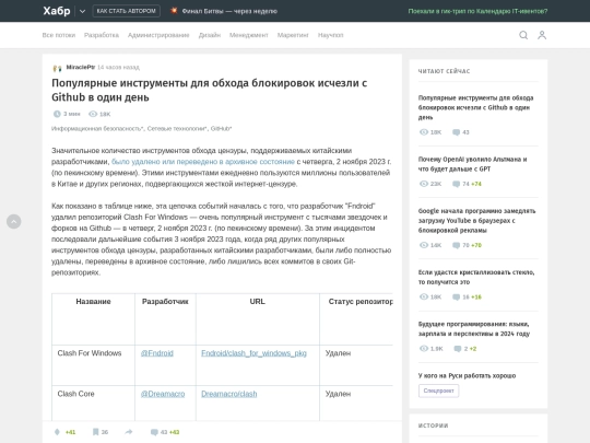 Популярные инструменты для обхода блокировок исчезли с Github в один день _ Хабр (11_21_2023 10_45_20 AM) screenshot