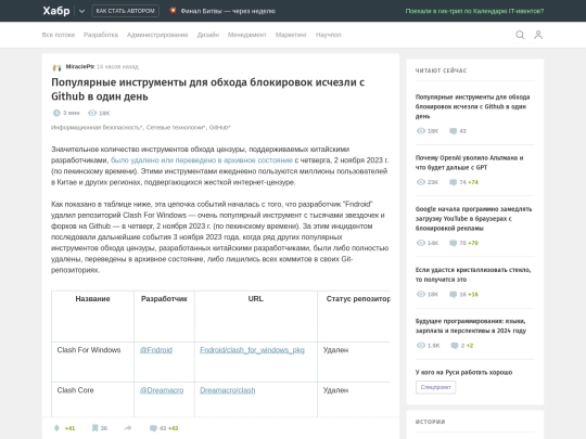Популярные инструменты для обхода блокировок исчезли с Github в один день _ Хабр (11_21_2023 12_29_47 PM) screenshot