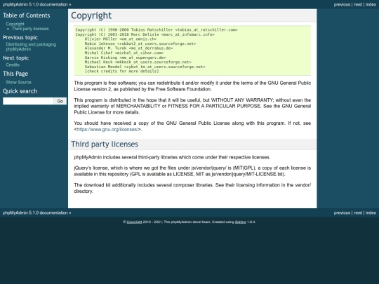 phpMyAdmin/doc/html/copyright screenshot