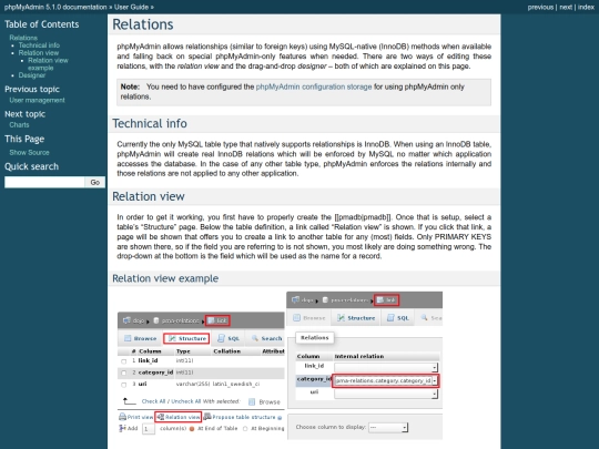 phpMyAdmin/doc/html/relations screenshot