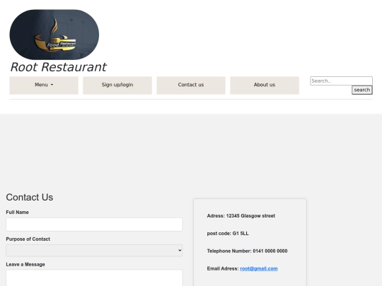 root restaurant/Root restaurant web/contactUs screenshot