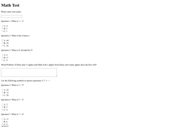 Math test form assignment/Math-test screenshot