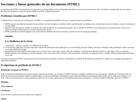 Secciones y líneas generales de un documento HTML5 screenshot