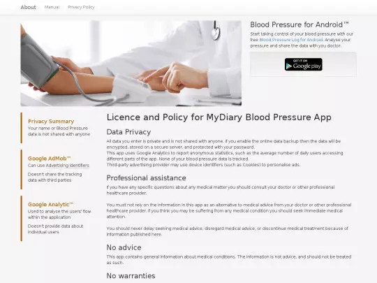 pages/blood-pressure-android-app-manual.html/mydiary-privacy-policy screenshot
