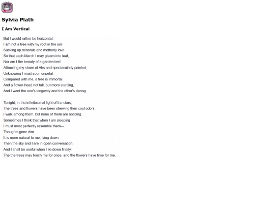 poems/SylviaPlath/IAmVertical screenshot