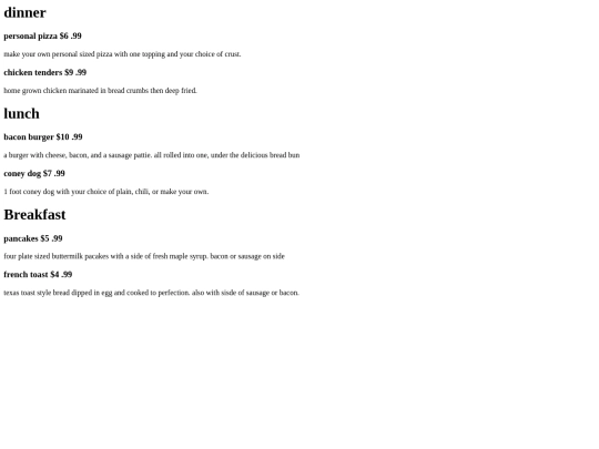dinner menu screenshot